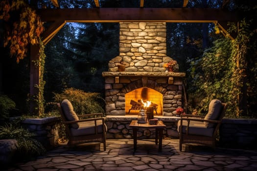 Backyard fireplace chairs stones. Summer nature. Generate Ai