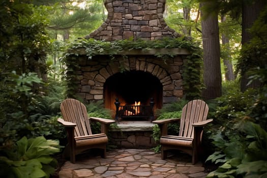 Backyard fireplace wood chairs. Plant furniture. Generate Ai