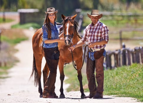 Horse, farmer couple and portrait in countryside, love and working together on rodeo ranch in country. Man, woman or happy face of cowboy in field, support or equestrian care for arabian thoroughbred.