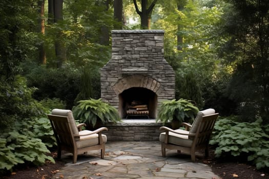 Backyard stone fireplace chairs. Terrace brick. Generate Ai