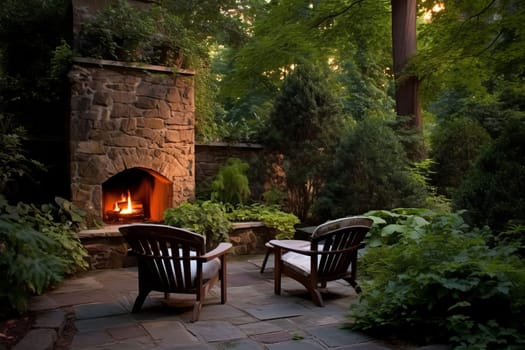 Backyard fireplace chairs relax. Summer interior. Generate Ai