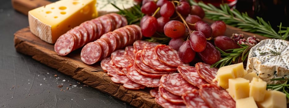 Board with sliced sausage and gourmet cheeses. food selective focus. Generative AI,