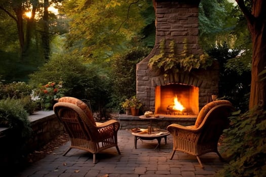 Backyard fireplace chairs terrace. Summer interior. Generate Ai