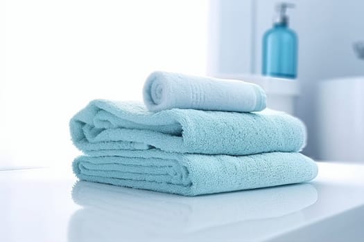 Bathroom interior blue towel. Wall clean room. Generate Ai