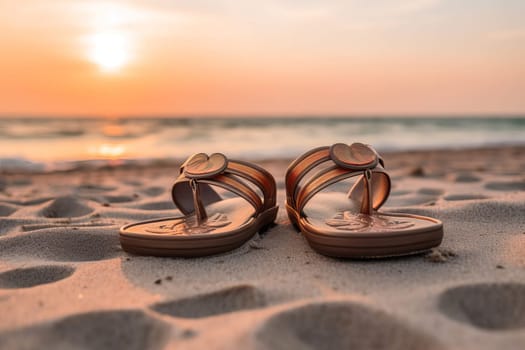Beach sandals. Foot sunset water. Generate Ai