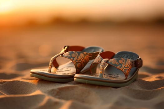 Beach sandals sunset. Sand flip design. Generate Ai