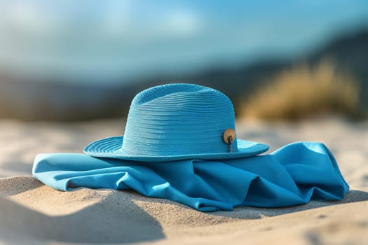 Blue towel summer hat beach sand. Travel space. Generate Ai