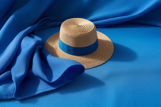 Blue towel summer hat on blue background. Texture travel. Generate Ai