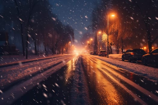 Blurry snow road night. Storm weather. Generate Ai