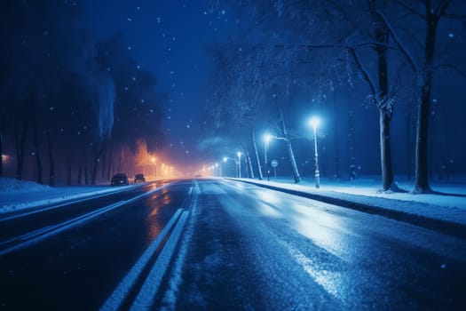 Blurry snow clean road night. Bad transport. Generate Ai