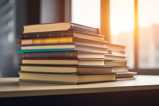 Books library stack at sunset. Study research. Generate Ai