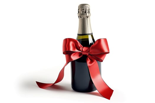 Champagne bottle red bow festive. Satin gift. Generate Ai