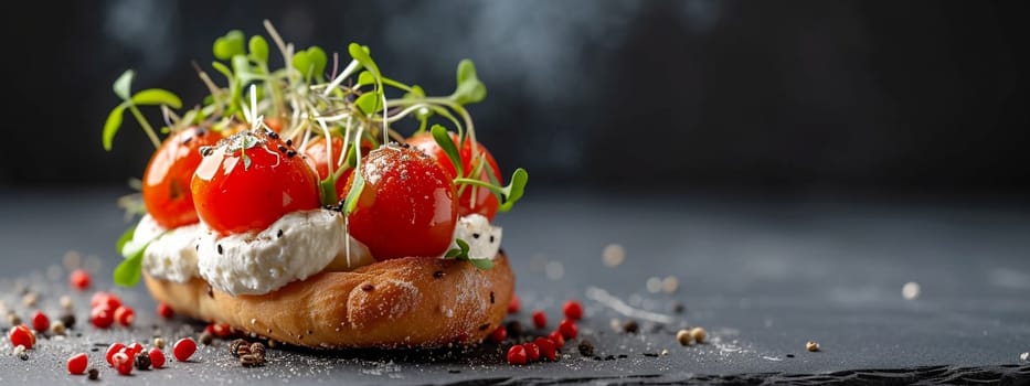 toast with cream cheese, cherry tomatoes and microgreens. Healthy breakfast concept. selective focus, food Generative AI,