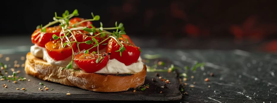 toast with cream cheese, cherry tomatoes and microgreens. Healthy breakfast concept. selective focus, food Generative AI,