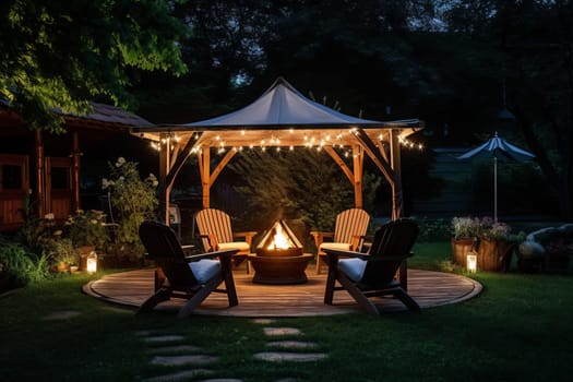 Brazier wooden canopy chairs. Food barbecue. Generate Ai
