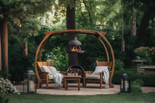 Brazier wooden canopy backyard. Nature bbq. Generate Ai