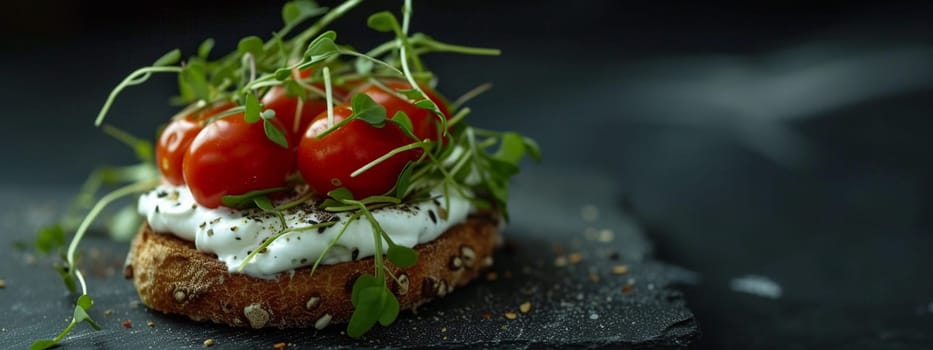toast with cream cheese, cherry tomatoes and microgreens. Healthy breakfast concept. selective focus, food Generative AI,