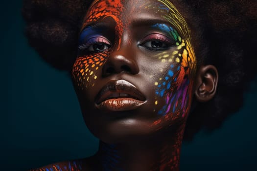 Colorful woman makeup. Portrait style people. Fictional person. Generate Ai