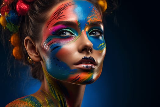 Colorful woman makeup creative. Bright color. Fictional person. Generate Ai