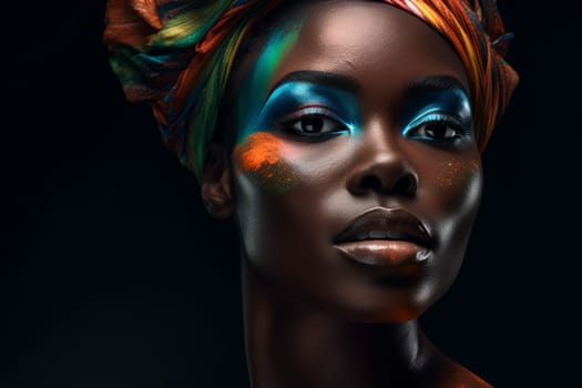 Colorful african woman makeup. Vogue girl. Fictional person. Generate Ai