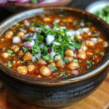 Red pozole soup on wooden background. ai generated