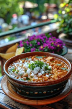 Red pozole soup in outdoor cafe. ai generated