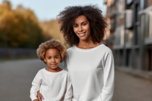 Black mom wearing white with kid. Love african. Fictional person. Generate Ai