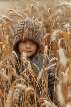 a child stands in a wheat field. children selective focus