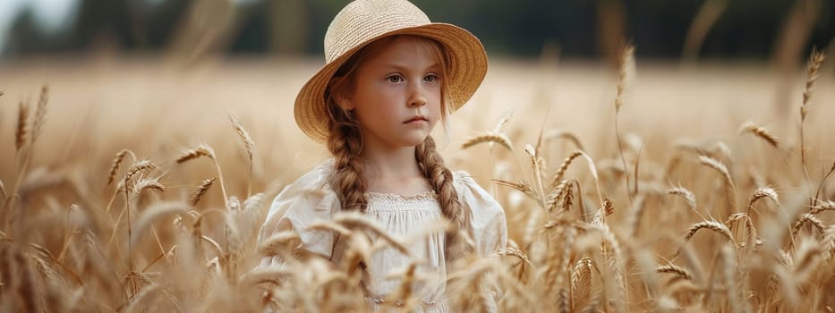 a child stands in a wheat field. children selective focus