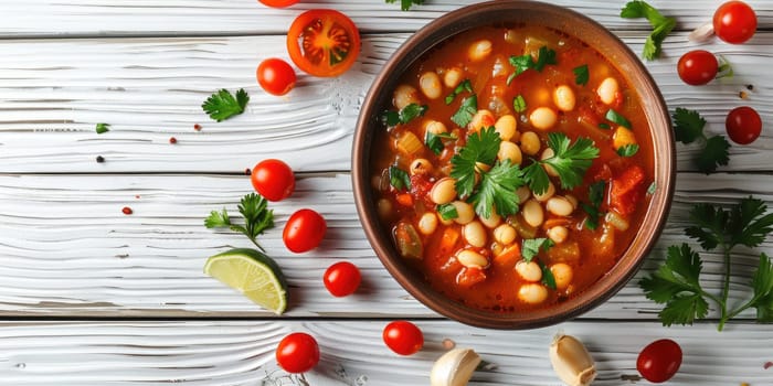 Red pozole soup on a white wooden background. ai generated