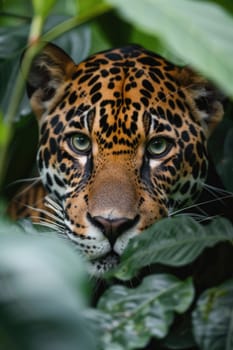 world wildlife day. beautiful leopard looking through jungle leaves . ai generated