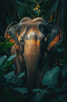 world wildlife day. beautiful elephant looking through jungle leaves . ai generated