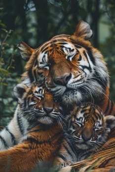 world wildlife day. cute family of tigers in the forest . ai generated