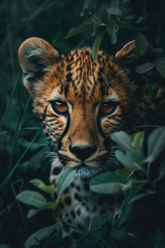 world wildlife day. beautiful leopard looking through jungle leaves . ai generated