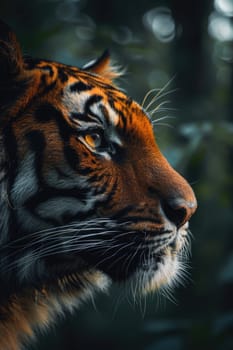 world wildlife day. beautiful tiger looking through jungle leaves . ai generated