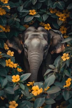 world wildlife day. beautiful elephant looking through jungle leaves . ai generated