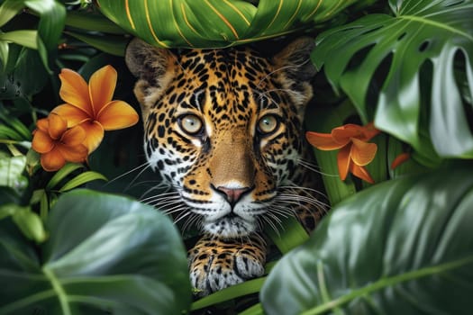 world wildlife day. beautiful leopard looking through jungle leaves . ai generated