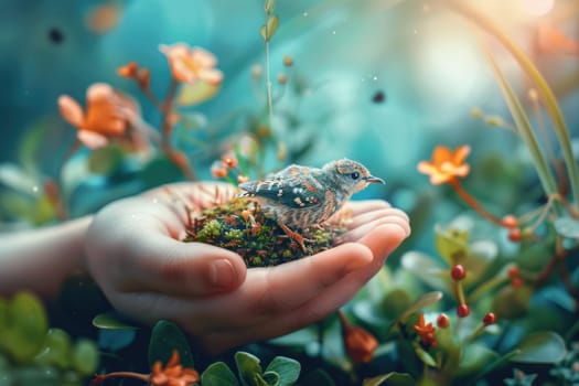 world wildlife day, wildlife concept. creative banner of child hands holding bird on nature background. . ai generated