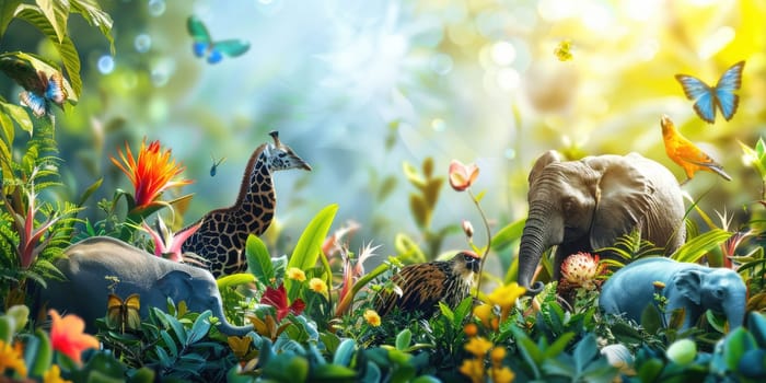 world wildlife day, wildlife concept. creative banner with grass and animals. ai generated