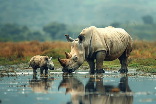 world wildlife day, wildlife concept. Big Rhino in their natural habitat. ai generated