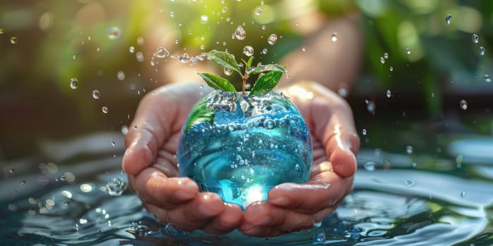 world water day concept. Hands holding clean water drop in shape of planet Earth. ai generated