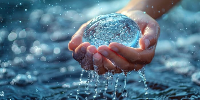 world water day concept. Hands holding clean water drop in shape of planet Earth. ai generated