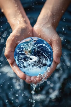 world water day concept. Hands holding clean water drop in shape of planet Earth. ai generated