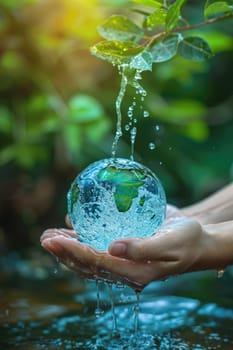 world water day concept. Hands holding clean water drop in shape of planet Earth. ai generated