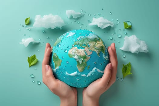 world water day concept. Hands holding clean water drop in shape of planet Earth. ai generated