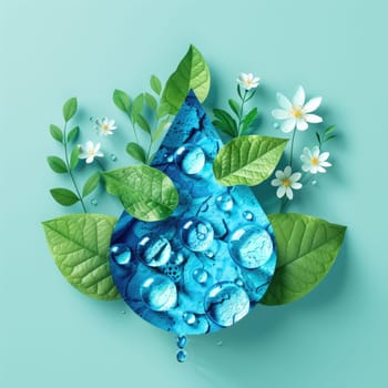 world water day. Conceptual water drop with flowers and leaves on blue. ai generated