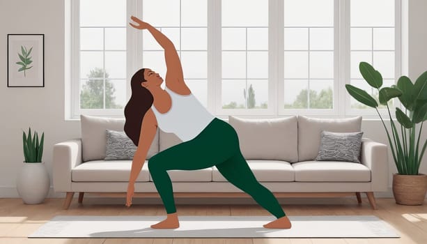 Large woman, yoga practice near sofa, leggings and top attire. Bright room, large window, floor-standing flower