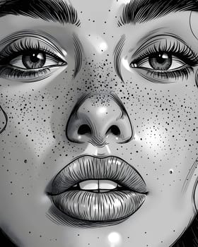 A black and white drawing of a womans face with freckles, showcasing her nose, cheek, eyebrow, mouth, eye, eyelash, jaw, and unique facial expression