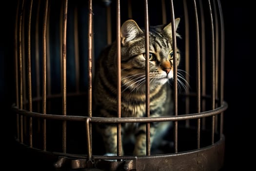 Caged cat. Domestic feline pet. Generate Ai