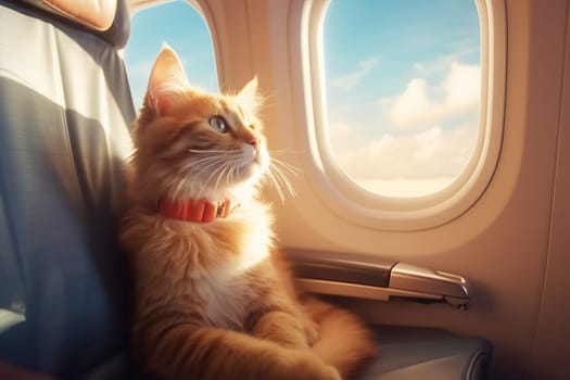 Cat airplane window passenger. Mammal fly. Generate Ai
